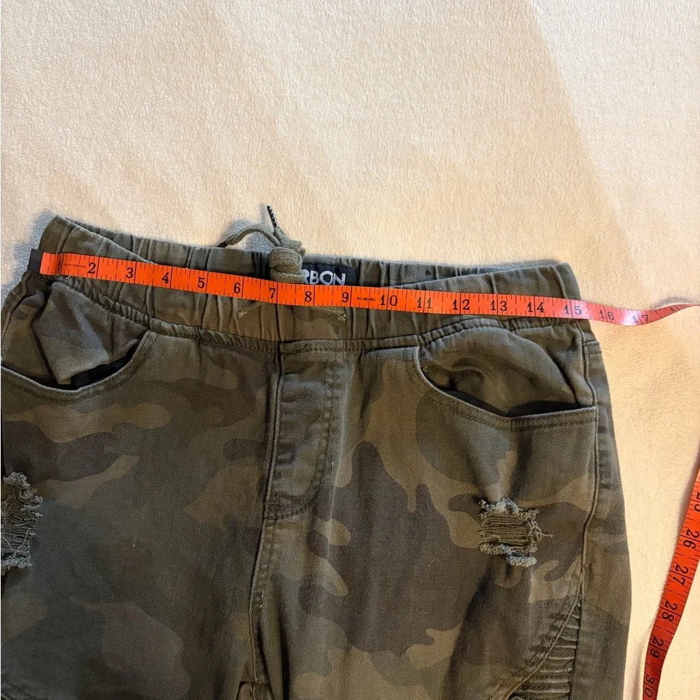 CARBON  Distressed Cotton Camo Drawstring Jogger Jeans with Metal Zipper Details - Picture 6 of 9